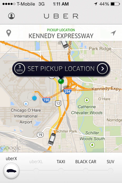 The pin drop experience. Old screenshot of Uber for nostalgia. Back in the day, you selected your pickup location first, and the pin drop experience was front and center!