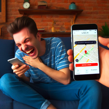 a person using the uber app, but the uber app doesn't know where they are, mockery and laughter ensues - Bing Image Creator